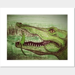 Alligator with baby gator in mouth Posters and Art